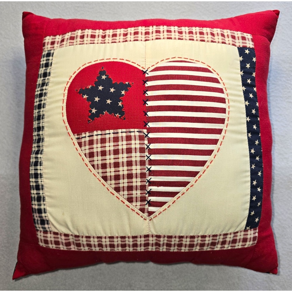 Vintage Americana Reversible Patchwork Heart Pillow 14" Primitive Country Decor.